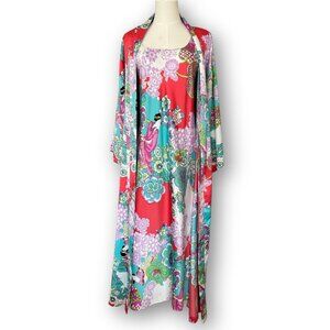 Notori M Slinky Smooth Satin Long Kimono Robe & Gown Set Belted Purple Pink Asia